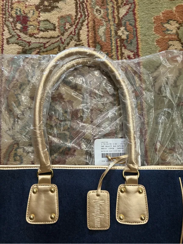 Neiman Marcus Denim Medium Tote Hand Bag Blue and Gold Women’s NWT - Image 3