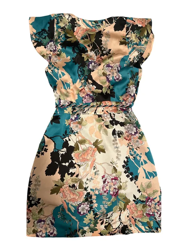 GUESS Floral Satin Faux Wrap Dress Size M NWT Flutter Sleeve Tassel Belt - Image 3