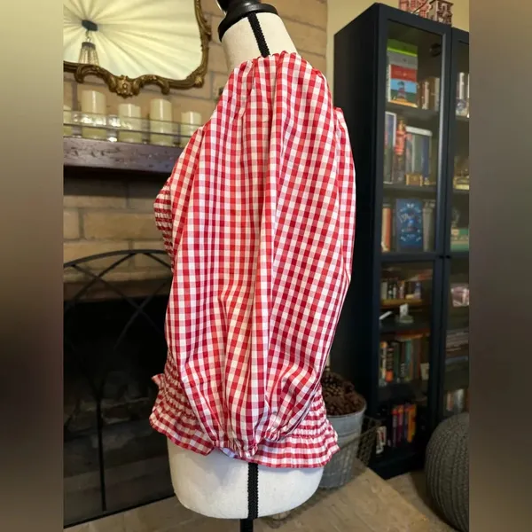 VINE & LOVE Red & White Gingham Milkmaid / Picnic / Puff Sleeves Top - Small - Image 6