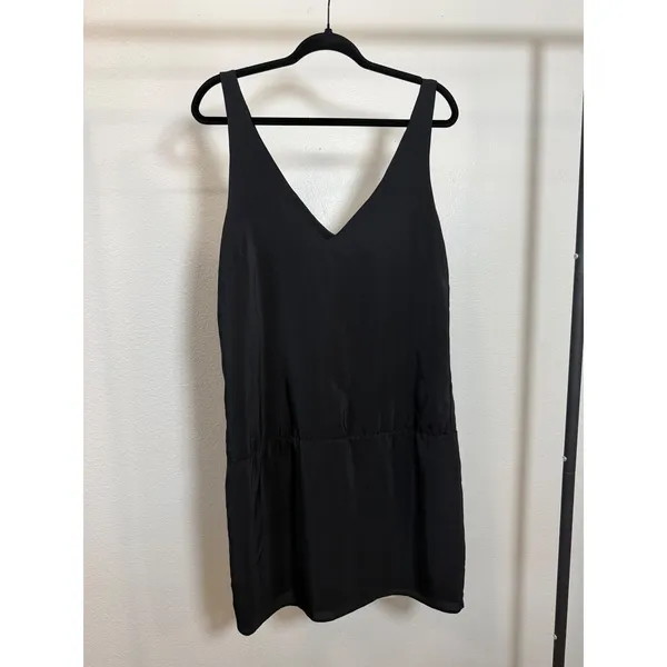Amanda Uprichard Black 100% Silk V-Neck Dropped Waist Mini Dress‎ Medium - Image 4