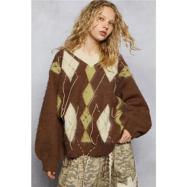 POL V-Neck Argyle Pattern Mohair Sweater with‎ Contrast Exposed Stitch Detail - Image 11