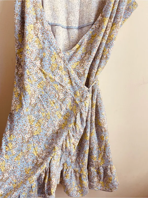Free People All My Love Wrap Dress Blue Yellow Floral Mini Ruffle Hem size M - Image 9