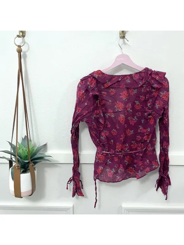 Free People Amanda Ruffle Wrap Top Blouse Floral Red Pink Size M - Image 7