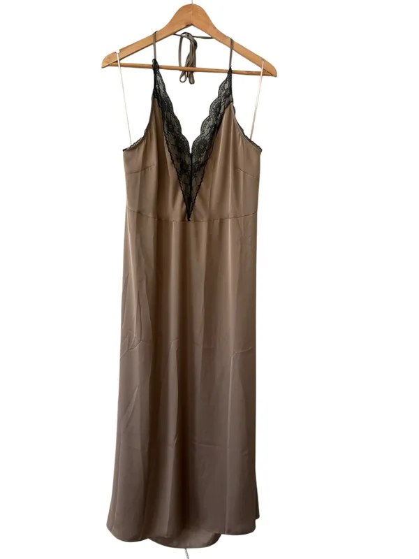 ANTHROPOLOGIE Lace Halter Midi Satin Slip Dress Taupe Size XL NEW - Image 7