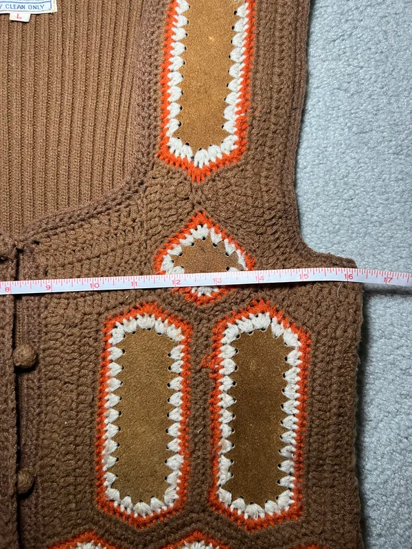 True Vintage Retro 70s Leather Patch Crochet Knit Vest by Aware Size Large - Image 4