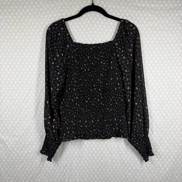 Madewell Black Pink‎ Floral Georgette Lucie Bubble Sleeve Smocked Top - Image 6