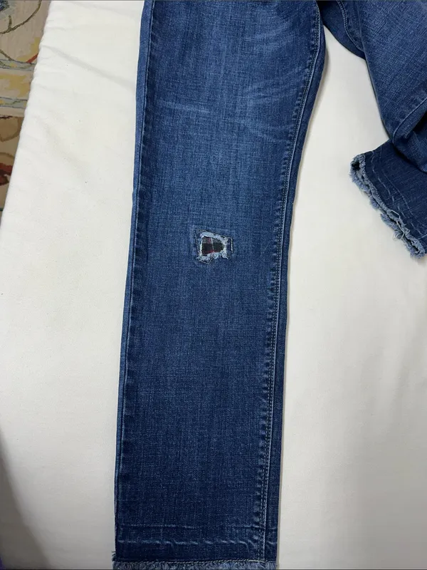 Women's Straight Leg Distressed Jeans in Dark Blue - Image 8
