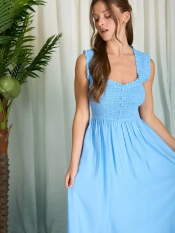 Light Blue Smocked Midi Dress V-Neck Button Front Ruffle Small - Image 7