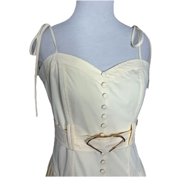 EBLuxe Cream Fitted Bodice Button Belted Ruffle Maxi Dress Size Medium - Image 3