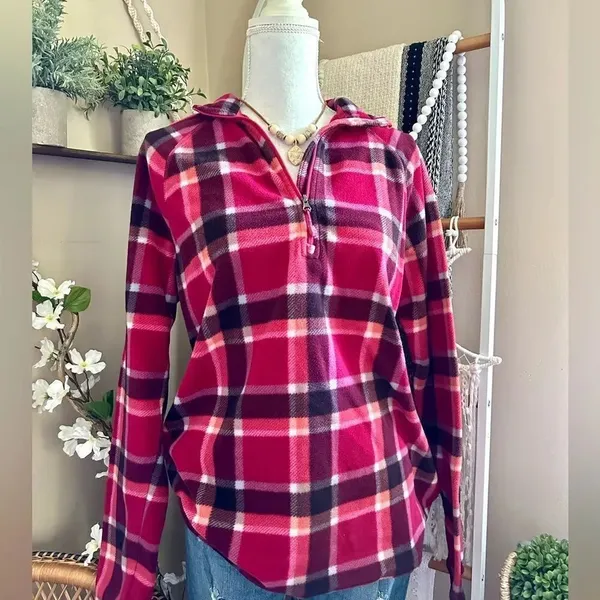 Eddie Bauer Pink/Orange Plaid Quarter Zip Fleece Pullover Sweatshirt - Image 2