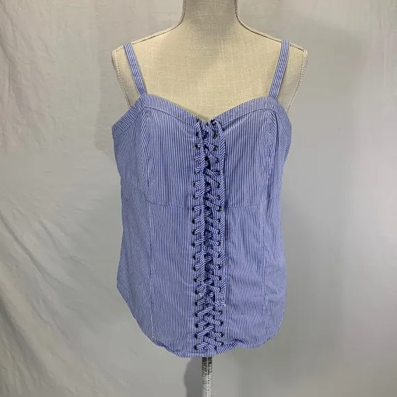 Striped Blue and White Poplin Lace Up Corset Tank Top Size 1X - Image 2