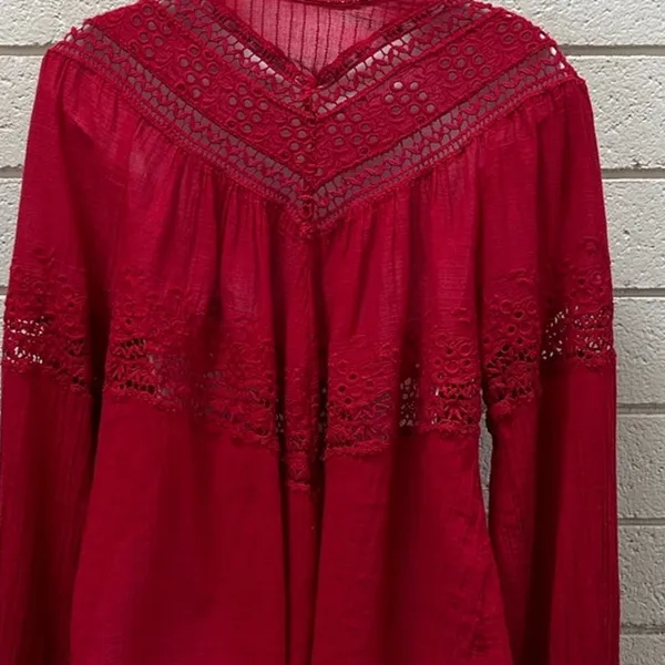 Free People Red Boho Crochet Trim Top size M - Image 7