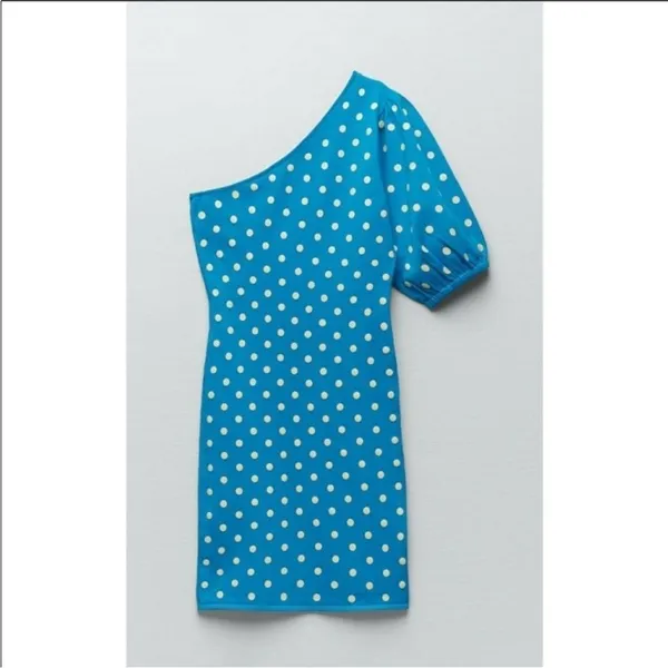 ZARA // turquoise polka‎ dot 1 puff shoulder knit size L - Image 4