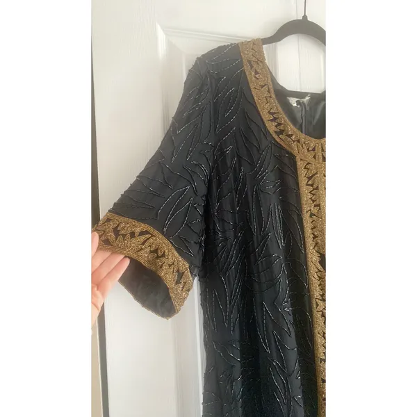 Brilliante by J.A. Vintage Beaded Shift Dress Womens L Black Gold Evening Silk L - Image 2