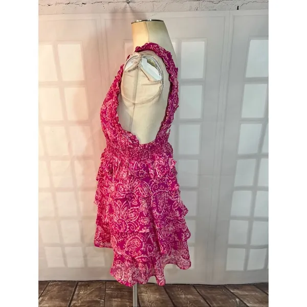 Fate Pink White Paisley V-Neck Chic Ruffle Tiered Sleeveless Mini Dress Small - Image 6