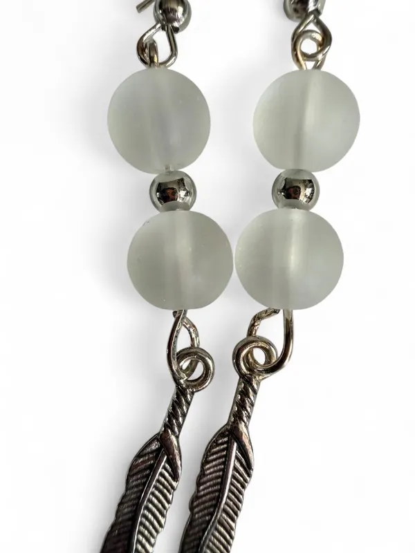 Handmade Frosted Bead Feather Earrings - Image 3