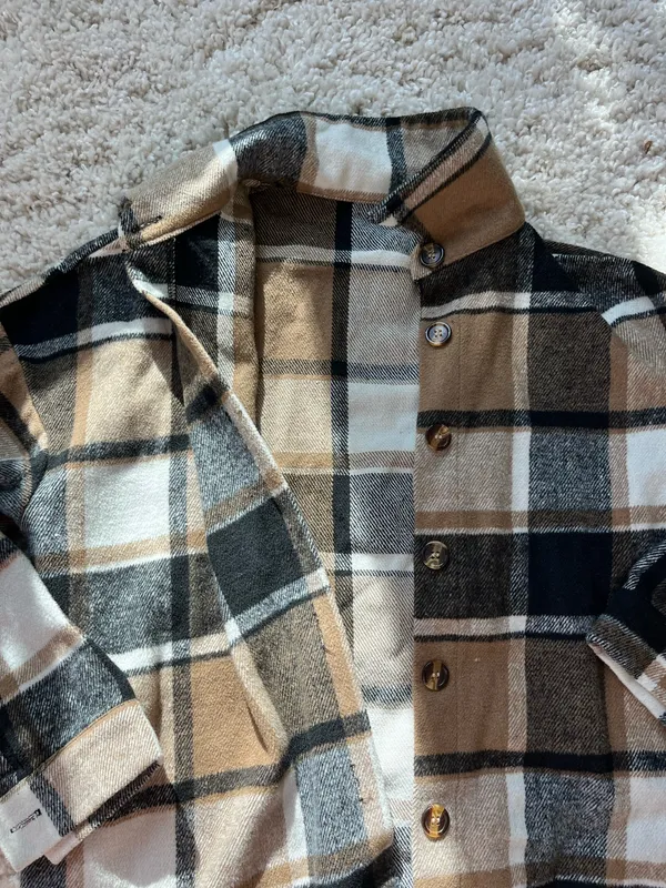 Cream & brown plaid button up jacket Multiple Size M - Image 2