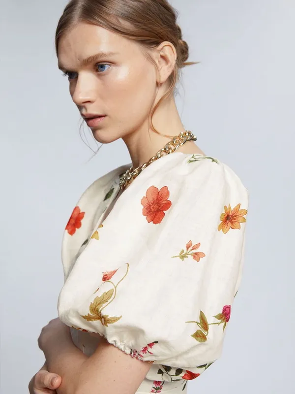 & Other Stories 100% Linen Floral Puff Sleeve Midi Dress - Image 2