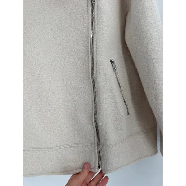 Zara Biker Jacket Women Medium White Boucle Asymmetric Zip Oversized Minimalist - Image 5