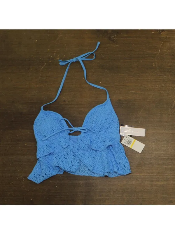 NWT Salt + Cove Crochet Ruffle-Trim Midkini Swim Top SC25089TT Capri Blue M - Image 4
