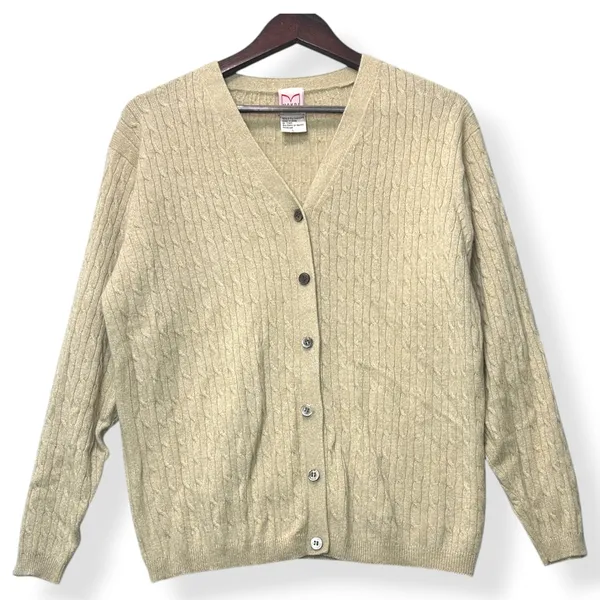 Vtg Mondi Women Cardigan Beige L 100% 2-Ply‎ Cashmere Cable Knit Quiet Luxury - Image 2
