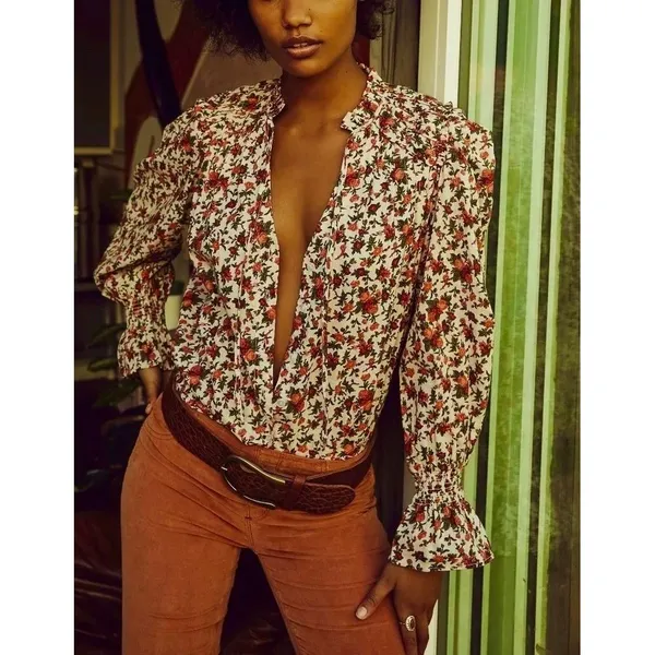 FREE PEOPLE Meant To‎ Be Blouse Floral Vintage Combo Ruffled Smocked Small - Image 4