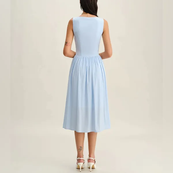 Rihoas Blue V Neck Button Sleeveless Midi Dress - Image 4