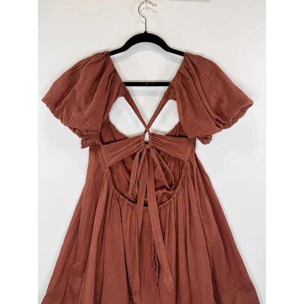 Free People Women Dress Brown Marina Mini Puffed Tie Back A Line Boho Chic Small - Image 10