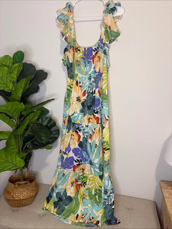 Medium ruffle sleeve Floral Tropical tiered Maxi Dress - Green Multi - Image 5