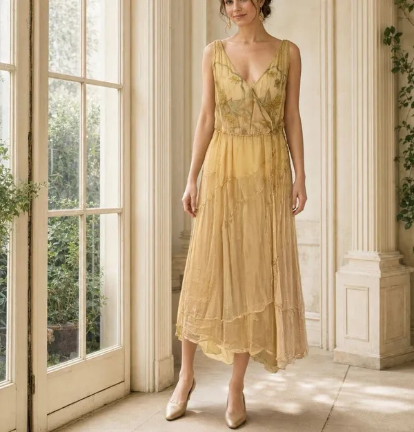 Nataya NWT Gold Embroidered Chiffon Maxi Dress L Edwardian Wedding Fairycore - Image 10