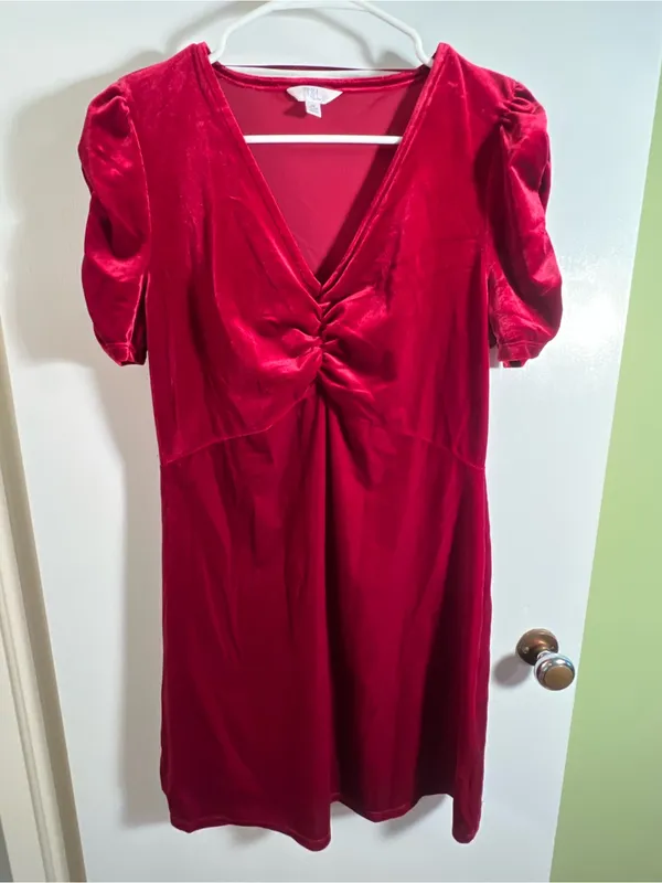 Time and Tru Womens Size Medium 8-10 V-Neck Puff Sleeve Velvet Velour Mini Dress - Image 5