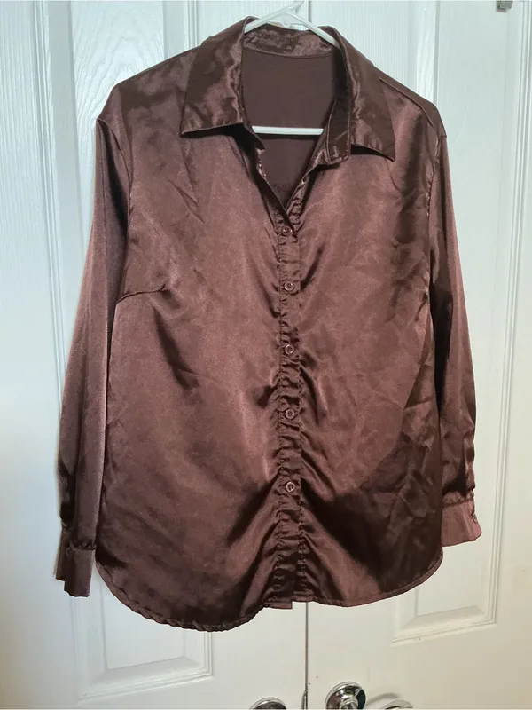 Women’s Satin Button-Up Shirt in Dark Brown - Image 3