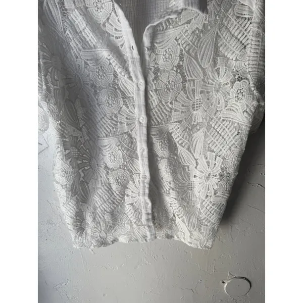 Peach White Lace Crochet Button Down Short Sleeve Shirt Top L Coquette Victorian - Image 3