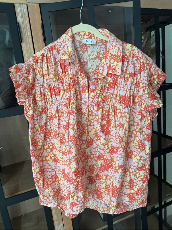 Fate smocked cotton floral blouse top ditsy short sleeve button down collar mock - Image 5