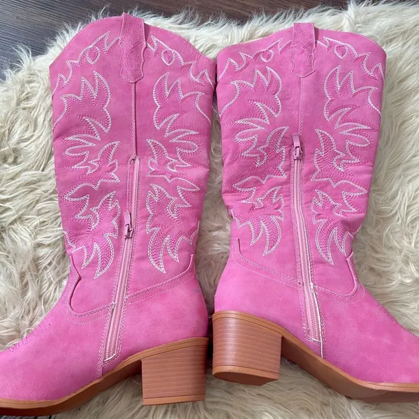 Pink Flame Faux Suede Knee High Cowgirl Western Boots US 7.5 - Image 3