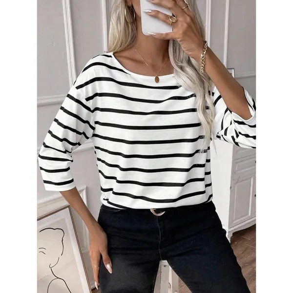 Women Spring/Summer Striped Drop Shoulder T Shirt Tops S - Image 2