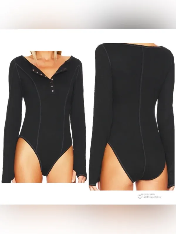NWT Free People Intimately Sloane Long Sleeve Henley Bodysuit Black Small S - Image 2