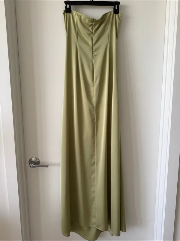 Sabo Skirt Olive Green Ruched Satin Maxi Dress - Image 4