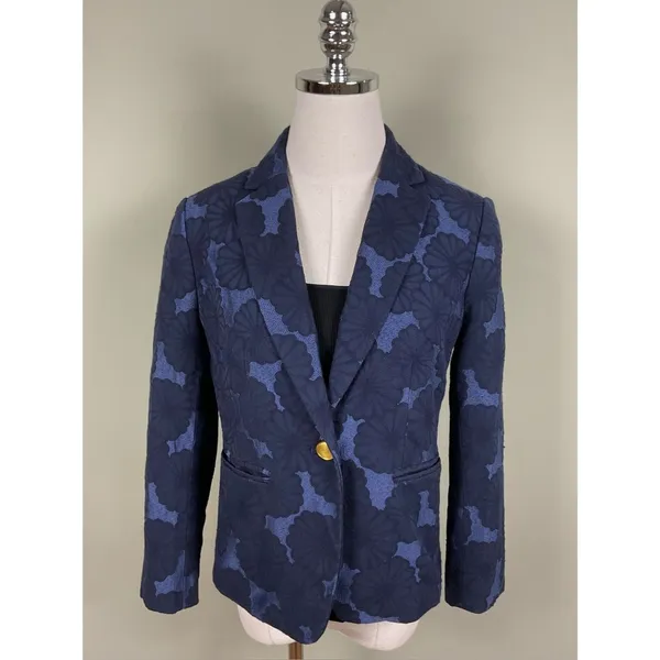 Ann Taylor The Newbury Blazer Navy Floral Jacquard Gold Button Jacket Sz 4 - Image 2