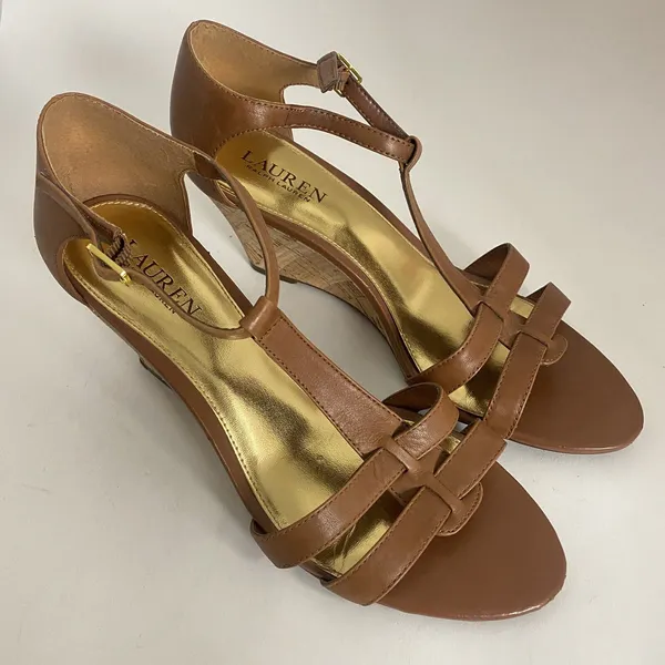 Lauren Ralph Lauren Wedge Sandals Women 10B T Strap Harleen Leather‎ Cork Heels - Image 2