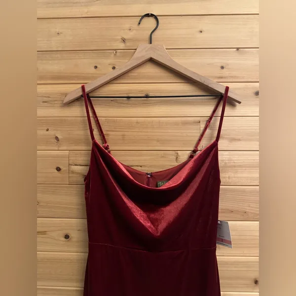 NWT Taylor Size 2/XS Strappy Red Orange Cowlneck Velvet Midi Dress - Image 2