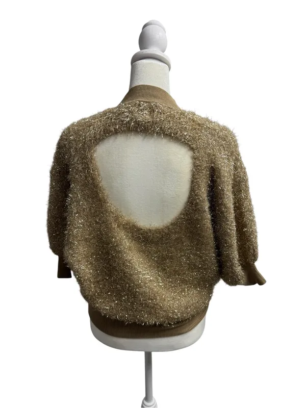 Maeve Violette Short-Sleeve Tinsel Pullover Sweater Metallic Gold Honey Small - Image 4