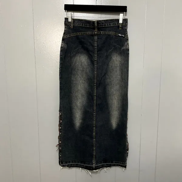 Vintage Y2K Street Code Blue Dark Wash Denim Lace Up Boho Midi Skirt 3/4 - Image 3
