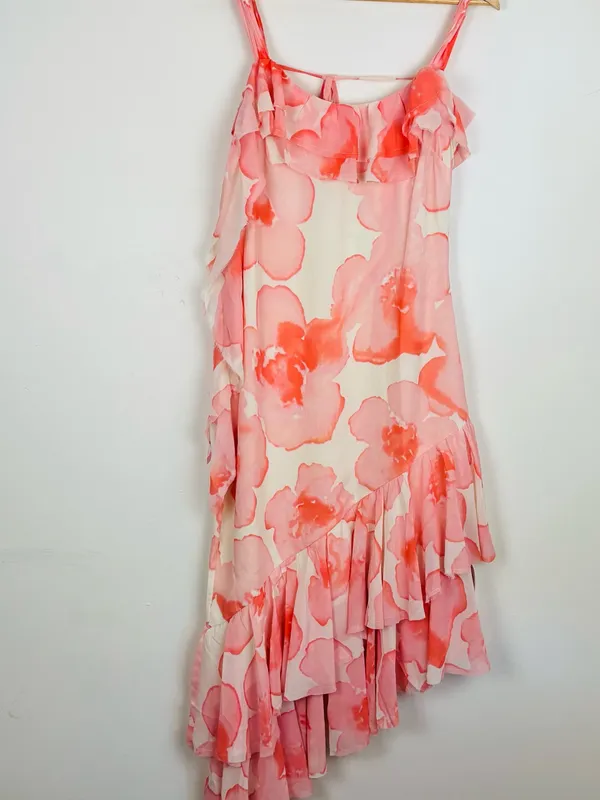 NWT ASOS Chiffon Bold Floral Romantic Ruffle Midi Dress White and Peachy Pink 6 - Image 2