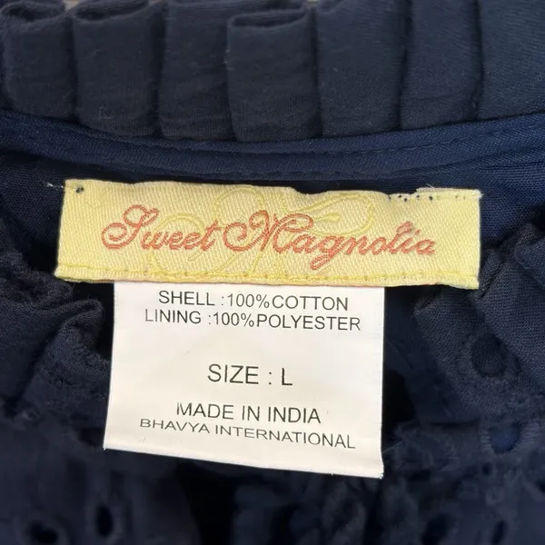 Sweet Magnolia Womens L Maxi Dress Navy Blue Eyelet Cotton Boho Coastal Tassel - Image 8