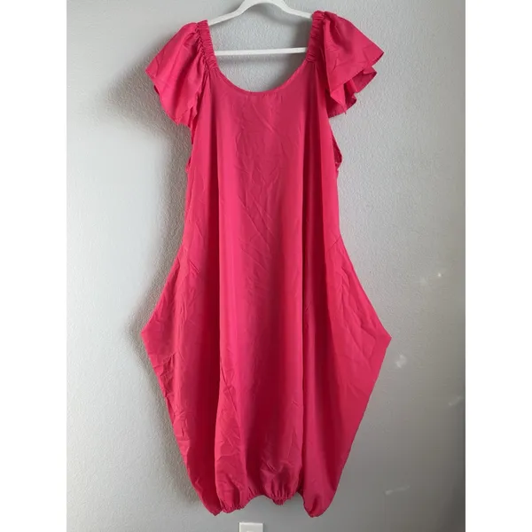 Karen T Design Hot Pink Balloon Bubble Dress Ruffle Midi Boho Flawless‎ OS Plus - Image 8