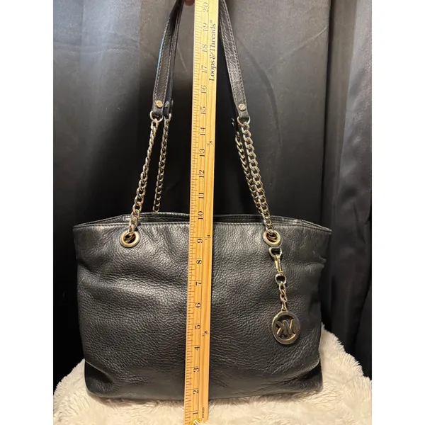 Michael Kors Black Pebbled Leather Chain Shoulder Bag Tote Gold Tone Hardware - Image 2