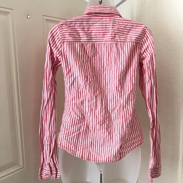2000s Y2K Hollister Preppy Bloquette Academia Striped Logo Button Up Down Shirt Top Blouse Long Sleeve Pink White Schoolgirl Teacher College Professor University Measurement in pics - Image 3