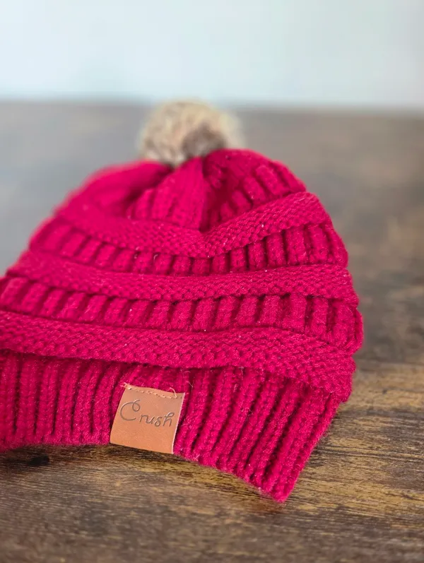 Crush Berry Red Stretchy Knit Beanie Hat Pom Pom Winter Cozy Warm - Image 2