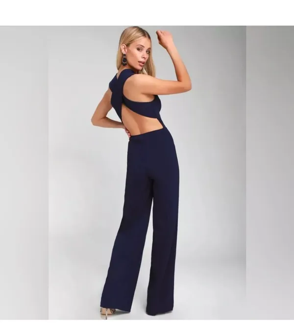 Sz S Thinking Out Loud Navy Blue Jumpsuit Criss Cross Cut Out Back - Image 4